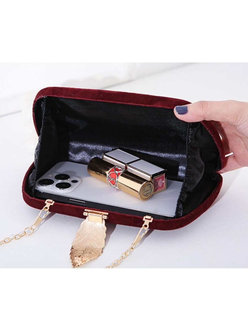 Women's Wine Red Elegant Clutch Purse Metallic Leaves Clasp Banquet Evening Bag - Picture 5 of 6